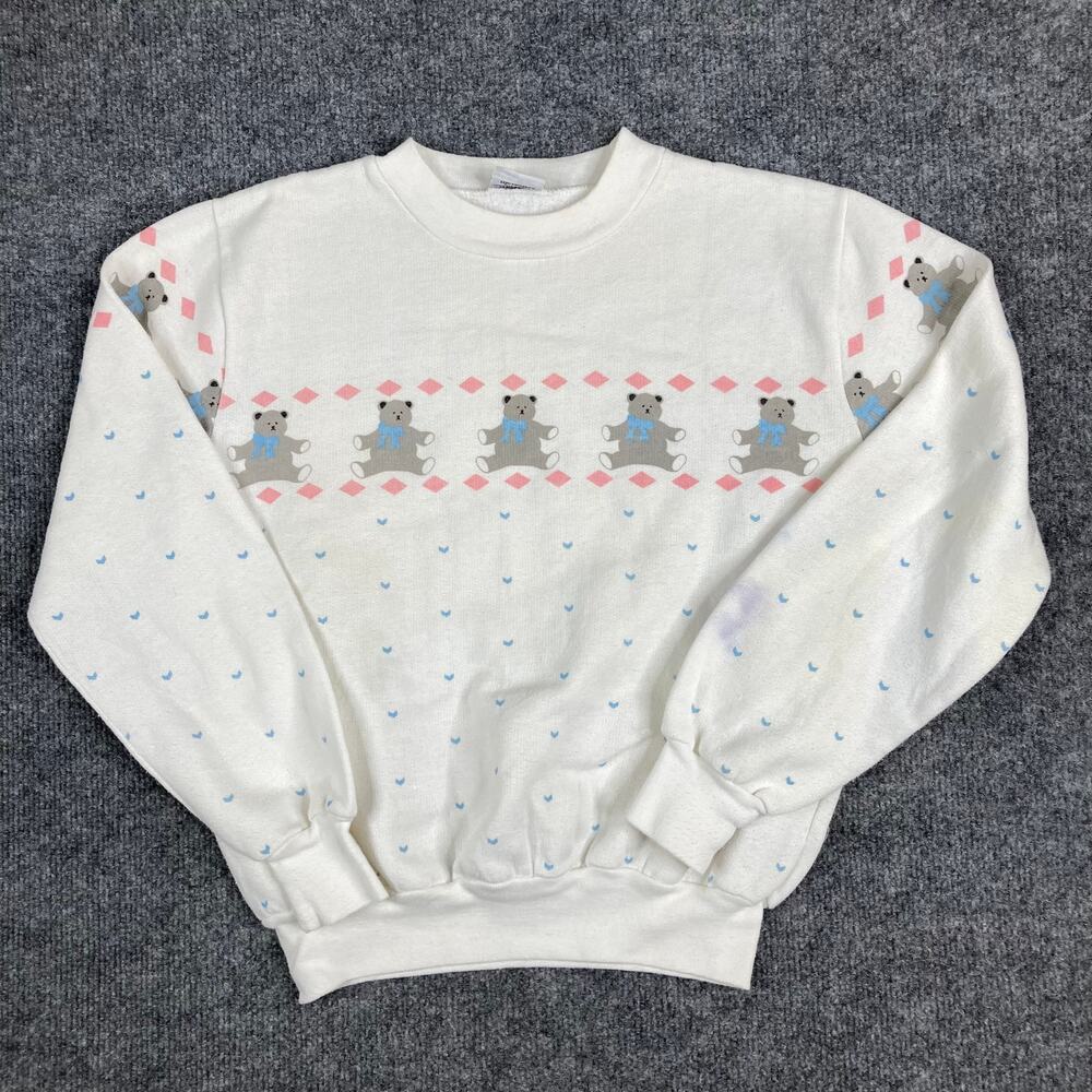 Vintage Bear Sweatshirt Girls L Currants Jeri Jo 80s 90s Pastel‎ Teddy Print